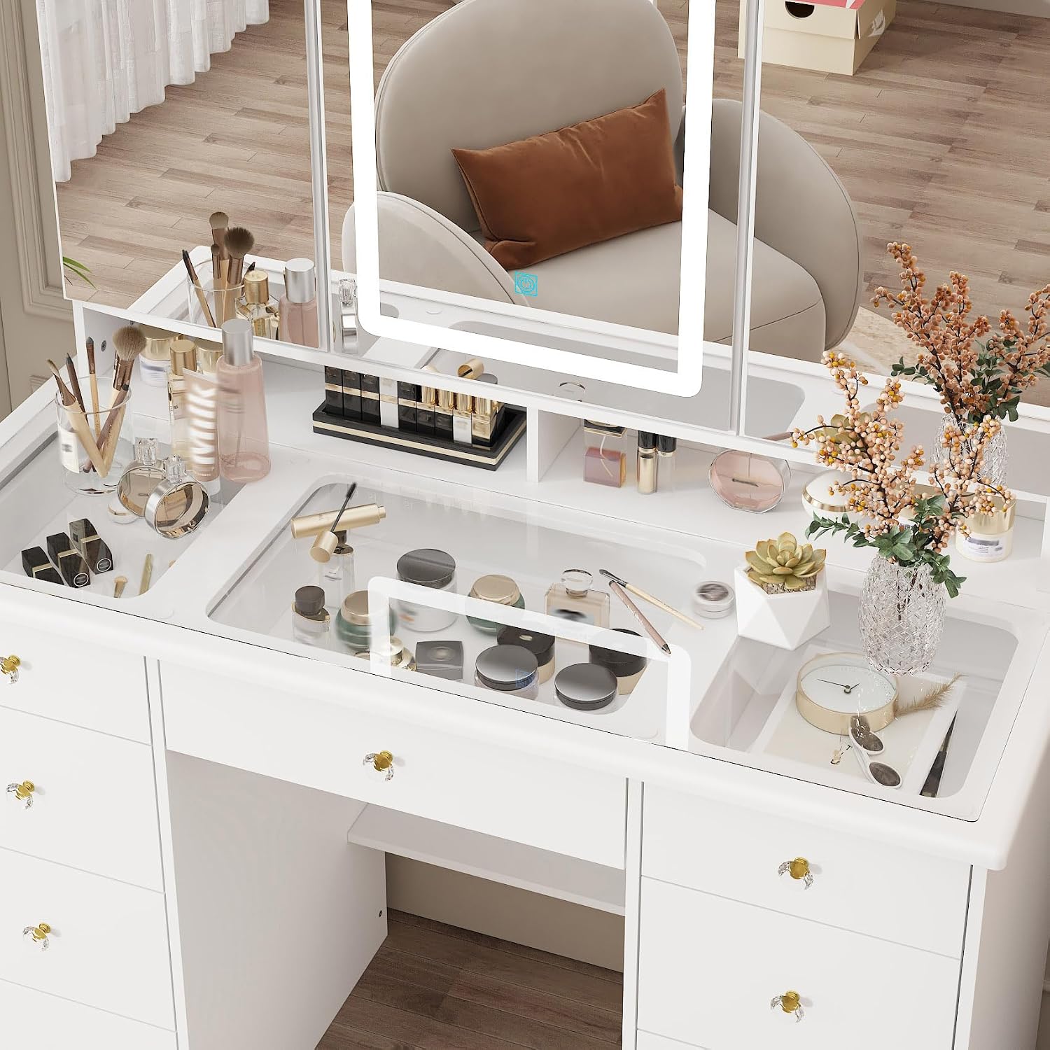 Timechee Vanity Mirror with Lights, Corner Vanity Desk with 9 Storage Drawers, 4 Large Shelves, 3 Color Lighting Options, Vanity Mirror Desk, Makeup Vanity Set for Bedroom,Glass Tabletop, White