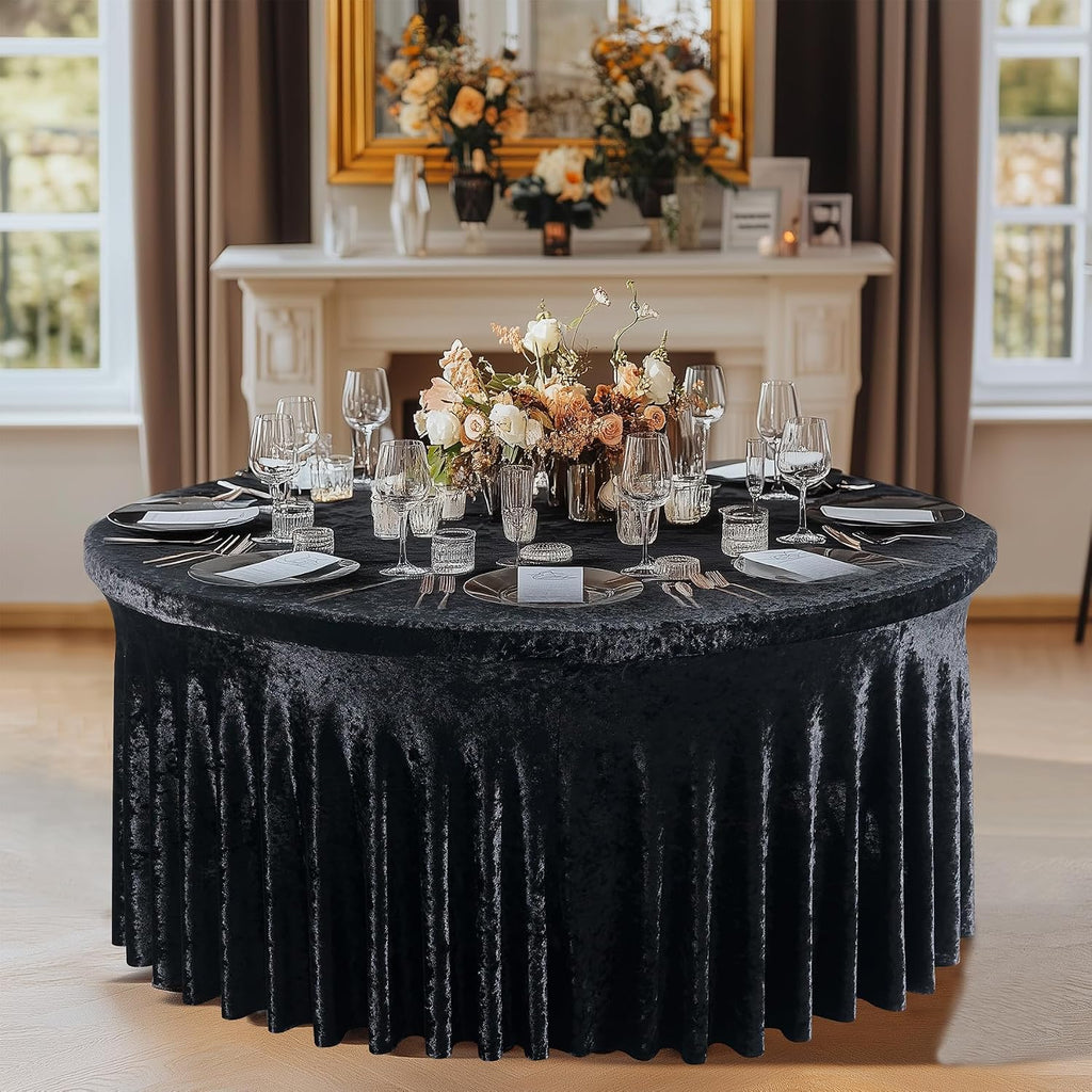 Outpain 6Pack 60 Inch Round Velvet Tablecloths - 120 Inch Stretch Spandex Table Cover with Floor-Length Skirt, Wrinkle-Free Luxury Elastic Table Cloths for Weddings,Banquets,Events (Black)