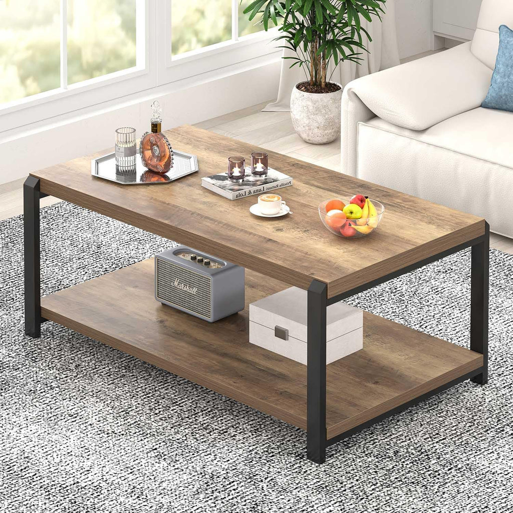 EXCEFUR Modern Coffee Table, Rustic Wood and Metal Center Table for Living Room, Industrial Rectangle Cocktail Tea Table with Storage, Oak