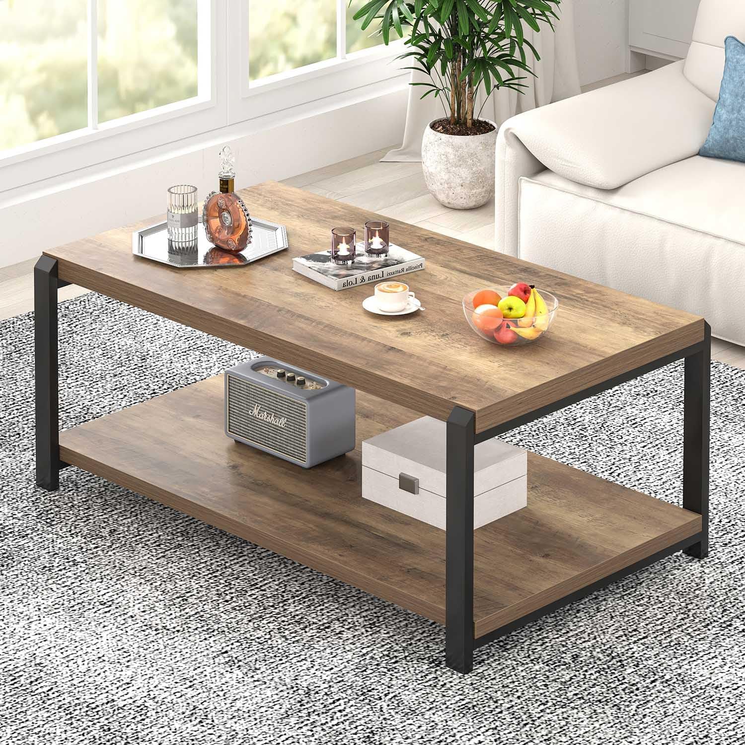 EXCEFUR Modern Coffee Table, Rustic Wood and Metal Center Table for Living Room, Industrial Rectangle Cocktail Tea Table with Storage, Oak