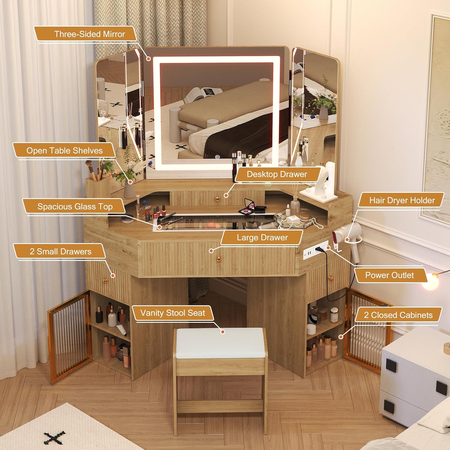 Corner Vanity Desk with 3-Way Mirror and Lights, Makeup Vanity Table with Large Drawer & Cabinets, Wooden Dresser for Bedroom with Glass Top, Power Outlet, Hair Dryer Holder & Stool (Wood)
