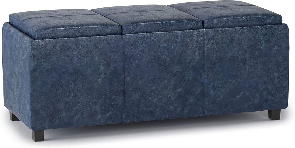 SIMPLIHOME Avalon Storage Ottoman - 42 inch Wide Upholstered Vegan Leather Rectangular Flip-Top Ottoman in Denim Blue, Contemporary Coffee Table Ottoman for Living Room with Hidden Storage