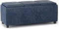 SIMPLIHOME Avalon Storage Ottoman - 42 inch Wide Upholstered Vegan Leather Rectangular Flip-Top Ottoman in Denim Blue, Contemporary Coffee Table Ottoman for Living Room with Hidden Storage
