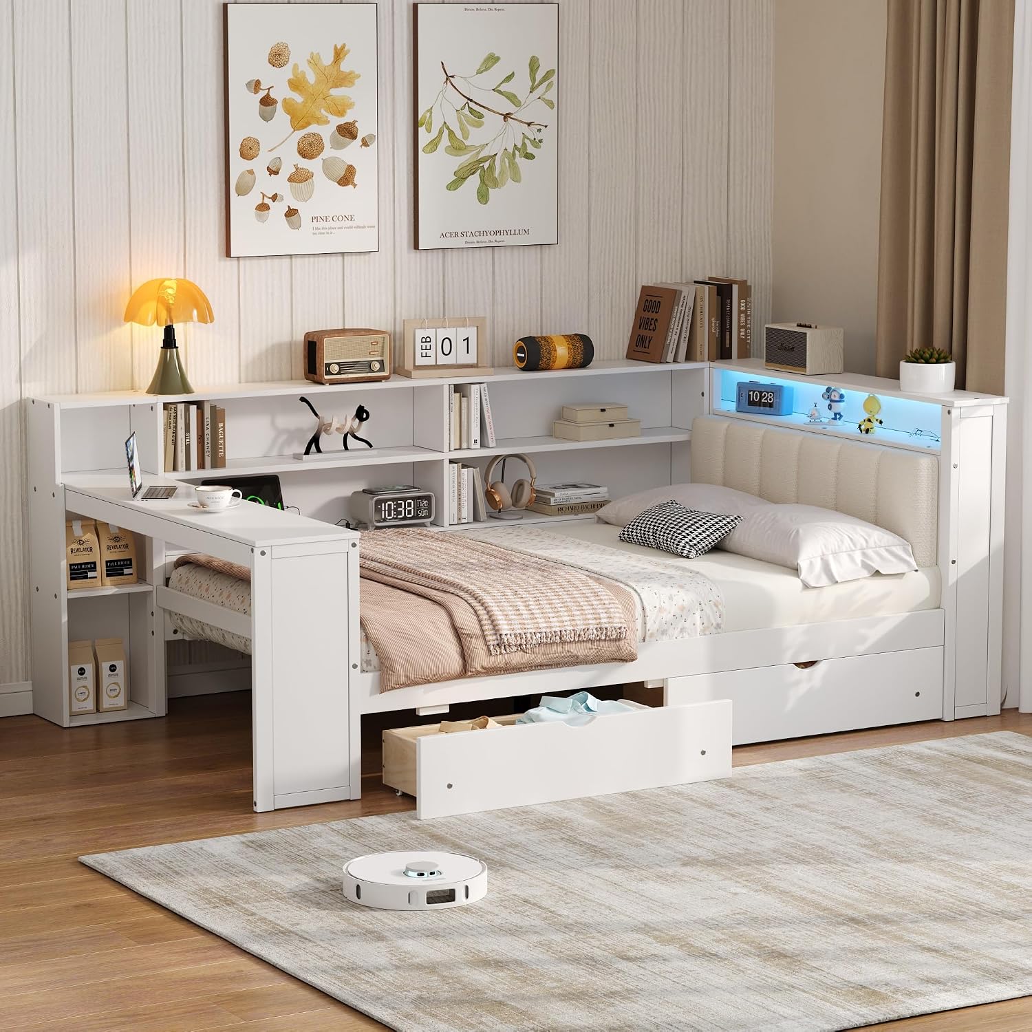 Wood Full Size Daybed with Storage Shelves and Desk, L-Shaped Corner Platform Bed Frame with Upholstered Headboard and 2 Drawers for Office Living Room Bedroom, Space-saving (White-7.16, Full)