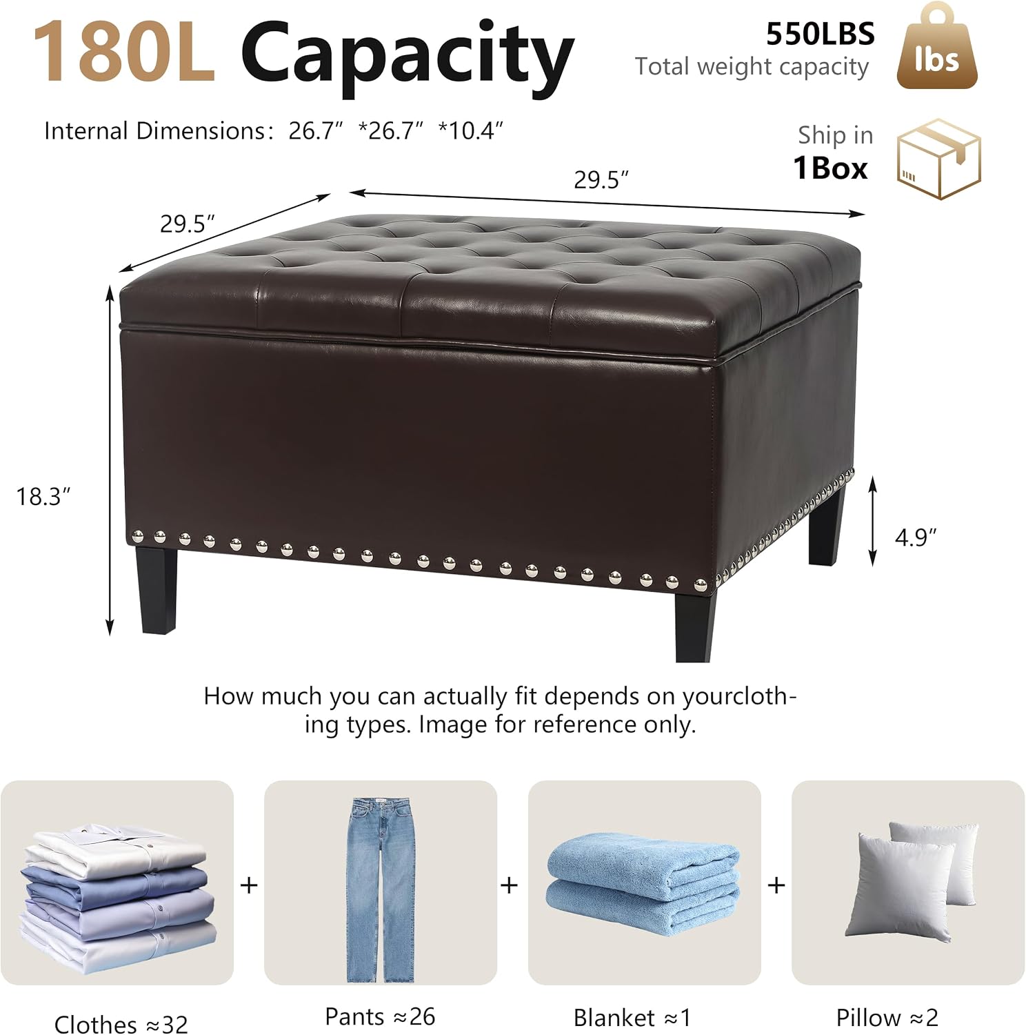Homebeez Faux Leather Storage Ottoman Bench, Square Coffee Table Footstool Footrest with Wood Legs for Living Room (Brown)