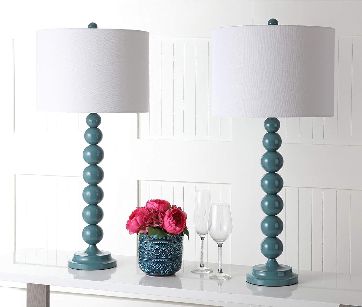 SAFAVIEH Lighting Collection – Jenna Set of 2 Marine Blue Stacked Ball Table Lamps with White Drum Shades, 32-Inch Modern Bedroom or Living Room Lamps, LED Bulbs Included (LIT4090C-SET2)