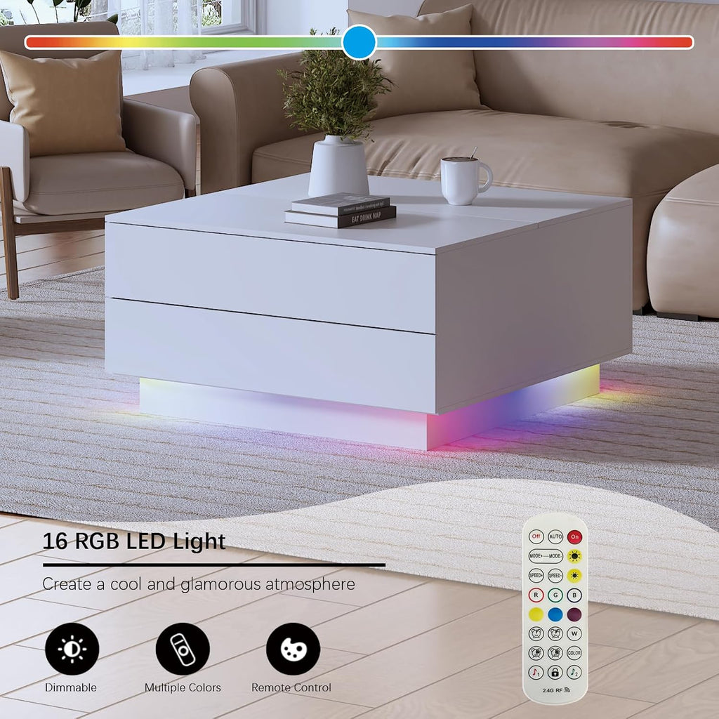 HedoAjim Square Coffee Tables with Storages, Modern White Coffee Table for Living Room, Flip Cover Coffee Tables and 2 Spacious Drawers, Coffee Table with LED Light