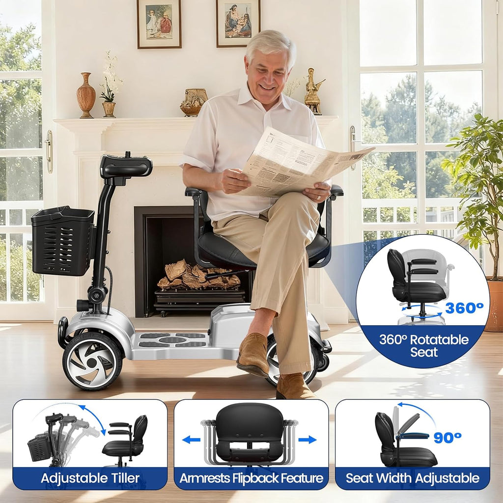 4 Wheel Electric Mobility Scooter for Adults and Seniors, 20 Miles Range Foldable Electric Scooter, Compact Heavy Duty Mobile for Travel with 300 lb Capacity, Powered Electric Wheelchair, Grey