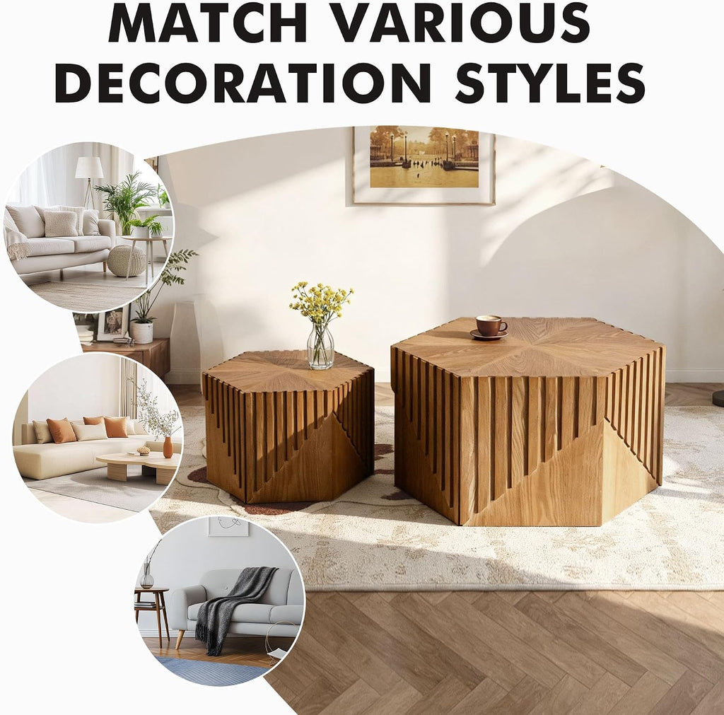 Hexagonal Nesting Coffee Table Set of 2, Wooden Fluted Coffee Table for Living Room, Mid Century Modern Center Table Space-Saving Small End Side Table for Bedroom, Farmhouse, Apartment, Office