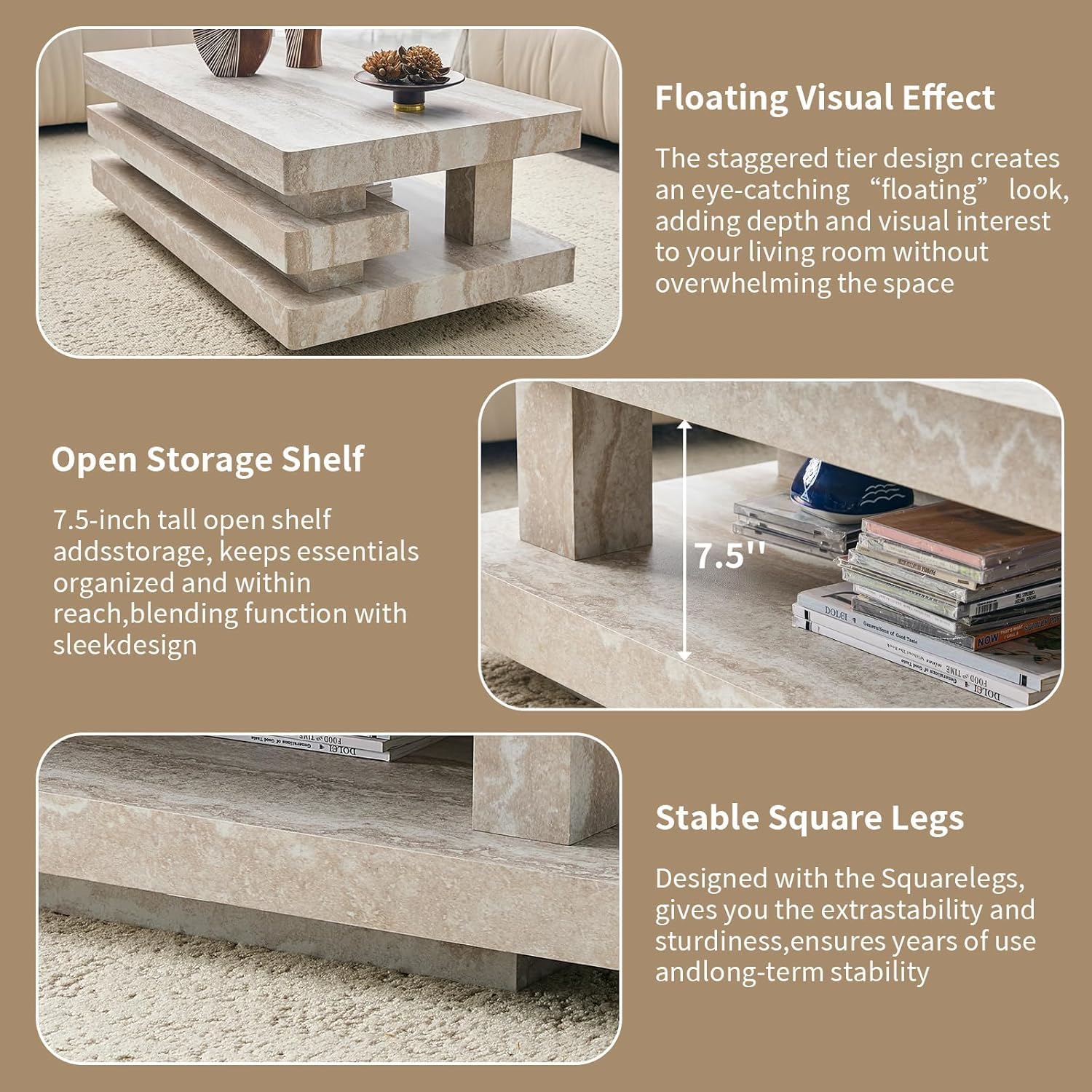 LKTART 43.3' Coffee Table, 2-Tier Stone Travertine Pattern Center Table with Open Storage, Mid Century Rectangular Wood Tea Table for Living Room, Bedroom, Office