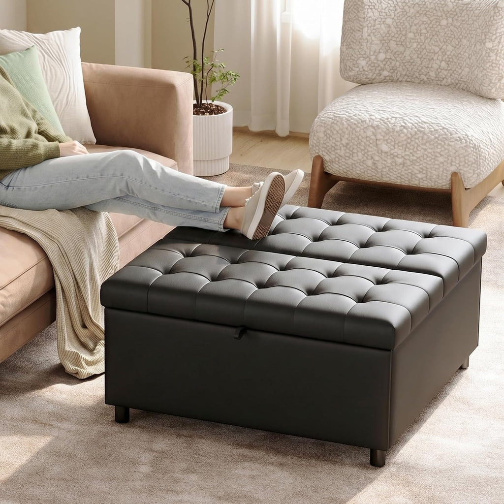 LINLUX 35.5 Inch Large Leather Storage Ottoman, Extra Large Square Lift Top Ottoman Coffee Table with Storage, Tufted Leather Ottoman Footrest Toy Box for Living Room, Black