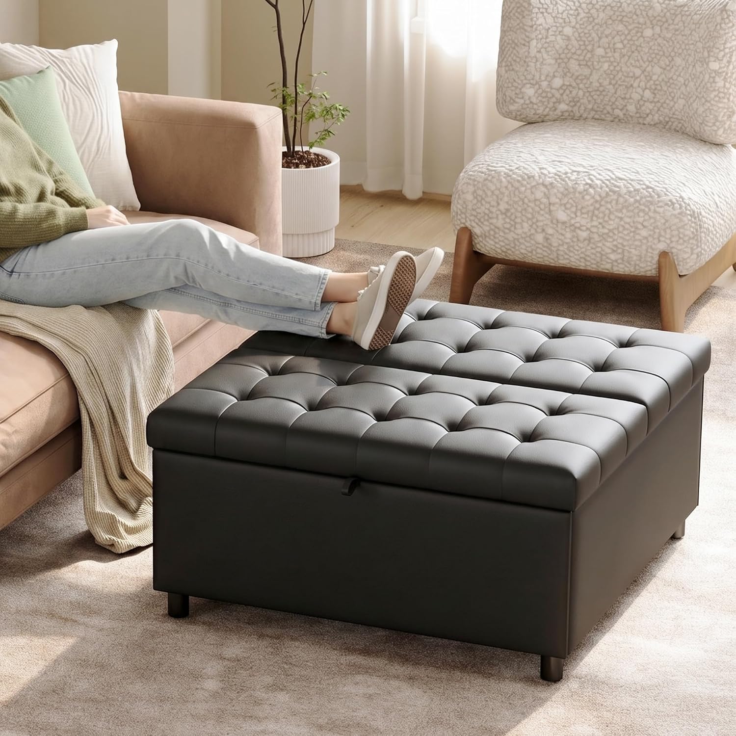 LINLUX 35.5 Inch Large Leather Storage Ottoman, Extra Large Square Lift Top Ottoman Coffee Table with Storage, Tufted Leather Ottoman Footrest Toy Box for Living Room, Black