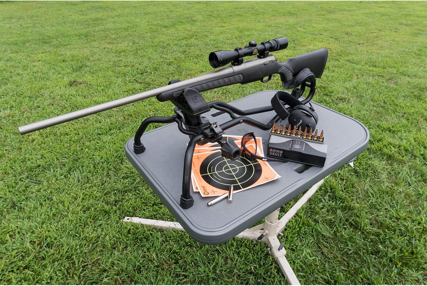 Caldwell Stable Table with Ambidextrous Design, 360 Degree Rotation and Weatherproof Synthetic Top and Seat for Outdoor, Range, Shooting and Cleaning
