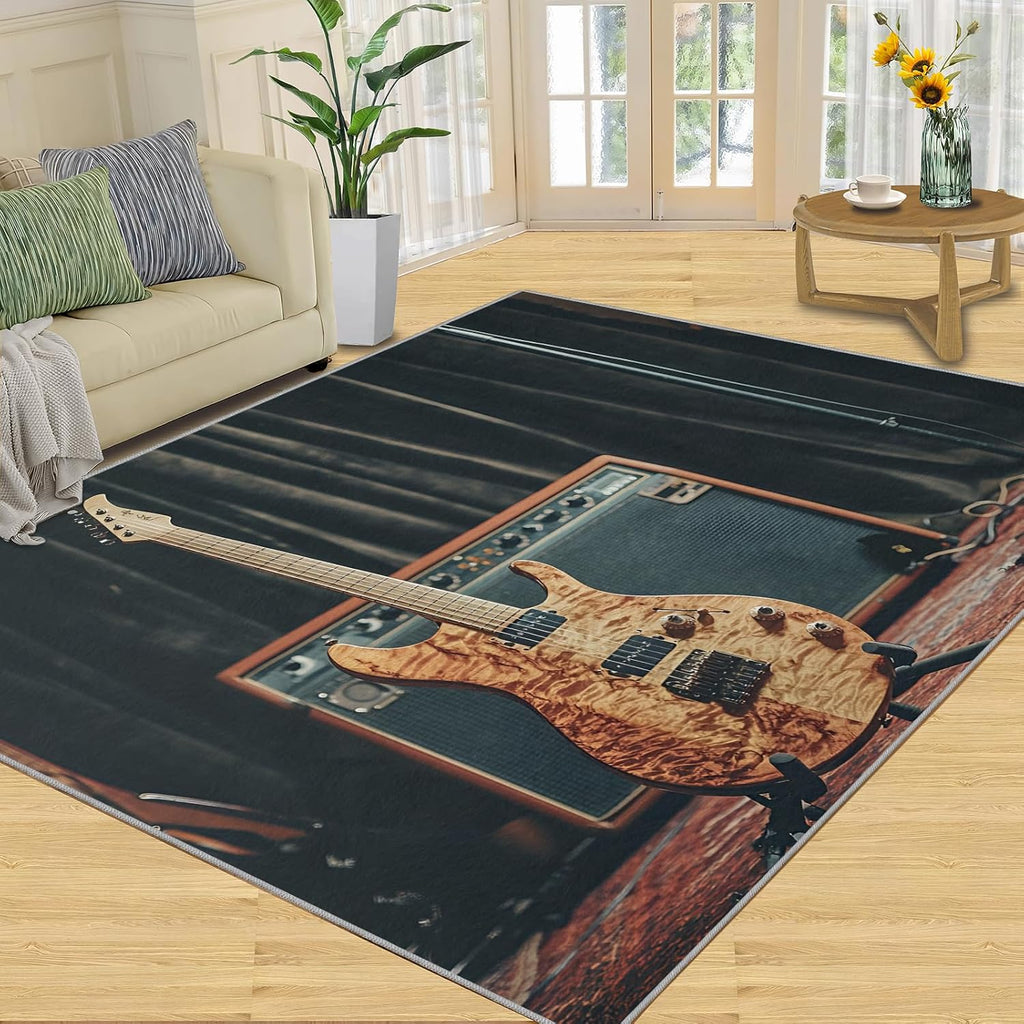 Guitar Rugs for Music Room - 5x7 Rug, Americana Guitars Rug, Musical Instrument Washable Area Rugs for Bedroom, Rock and Roll Carpet, Boys Room Carpet - Guitar Home Decor & Gift