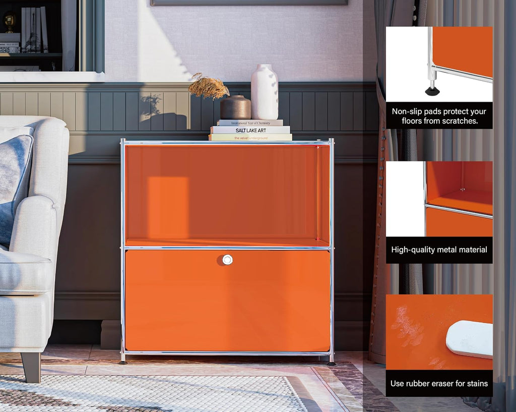 32.5-Inch Flip-Top Storage Cabinet with Detachable Wheels, Metal Side Table and Small Sideboard Cabinet for Living Room, Bedroom, Office, Orange
