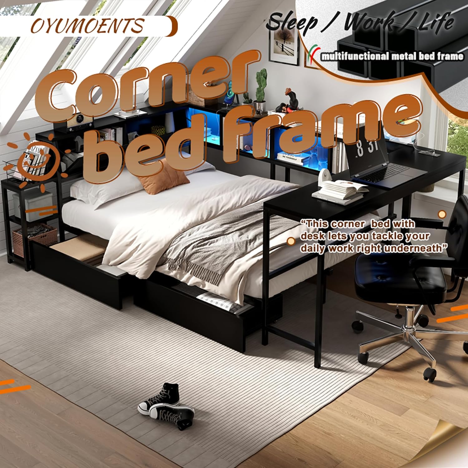 Full Corner Bed with Desk and 6 Bookcase, Full Corner Daybed with Storage Drawers, LED Light and Charging Station, Metal Full Size Corner Bed Frame for Living Room Bedroom Guest Room, Black