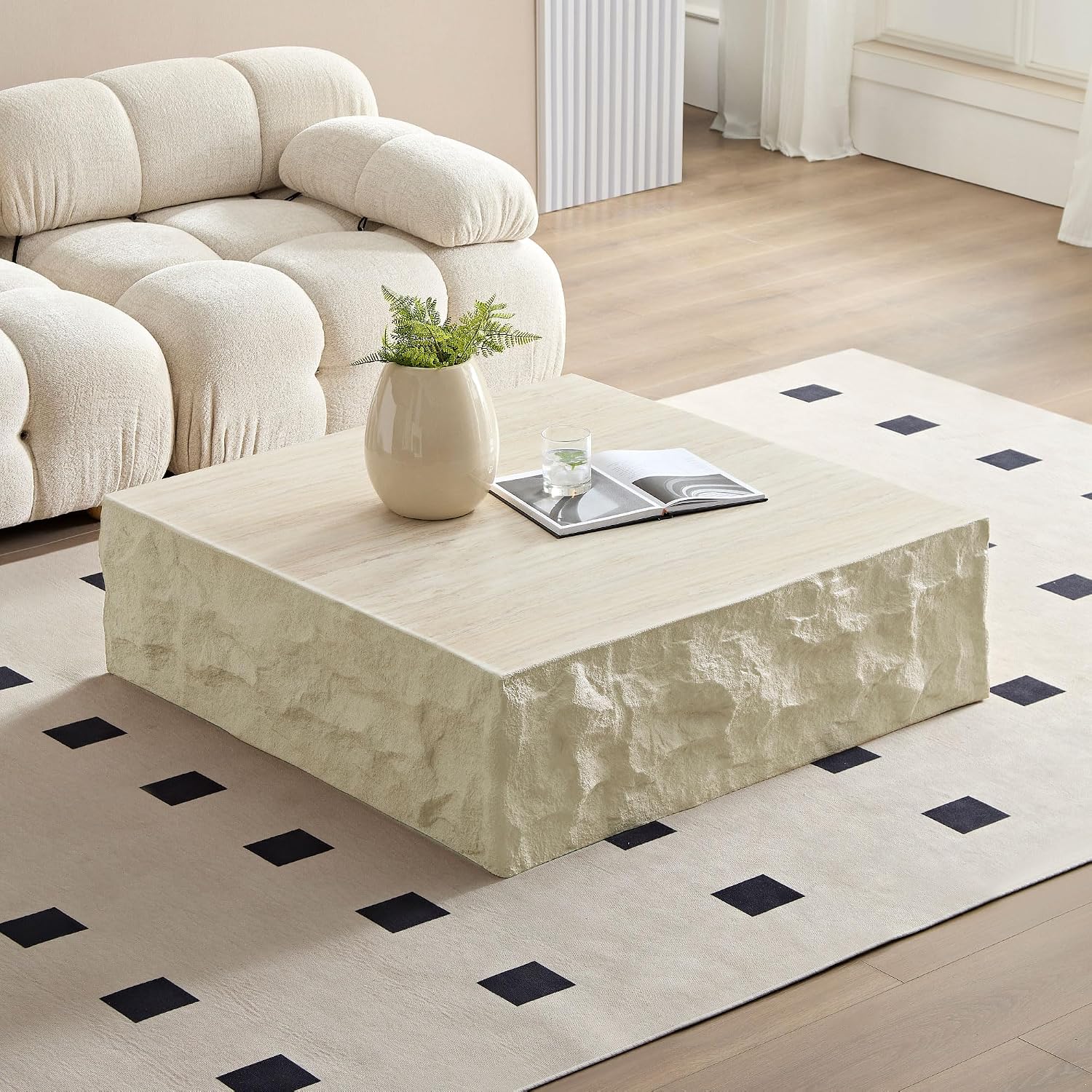 35.43' Marble Travertine Pattern Square Coffee Table for Living Room, Modern Minimalist Center Side End Table for Living Room, Apartment, Office, Marble Stone Shape, No Need Assembly