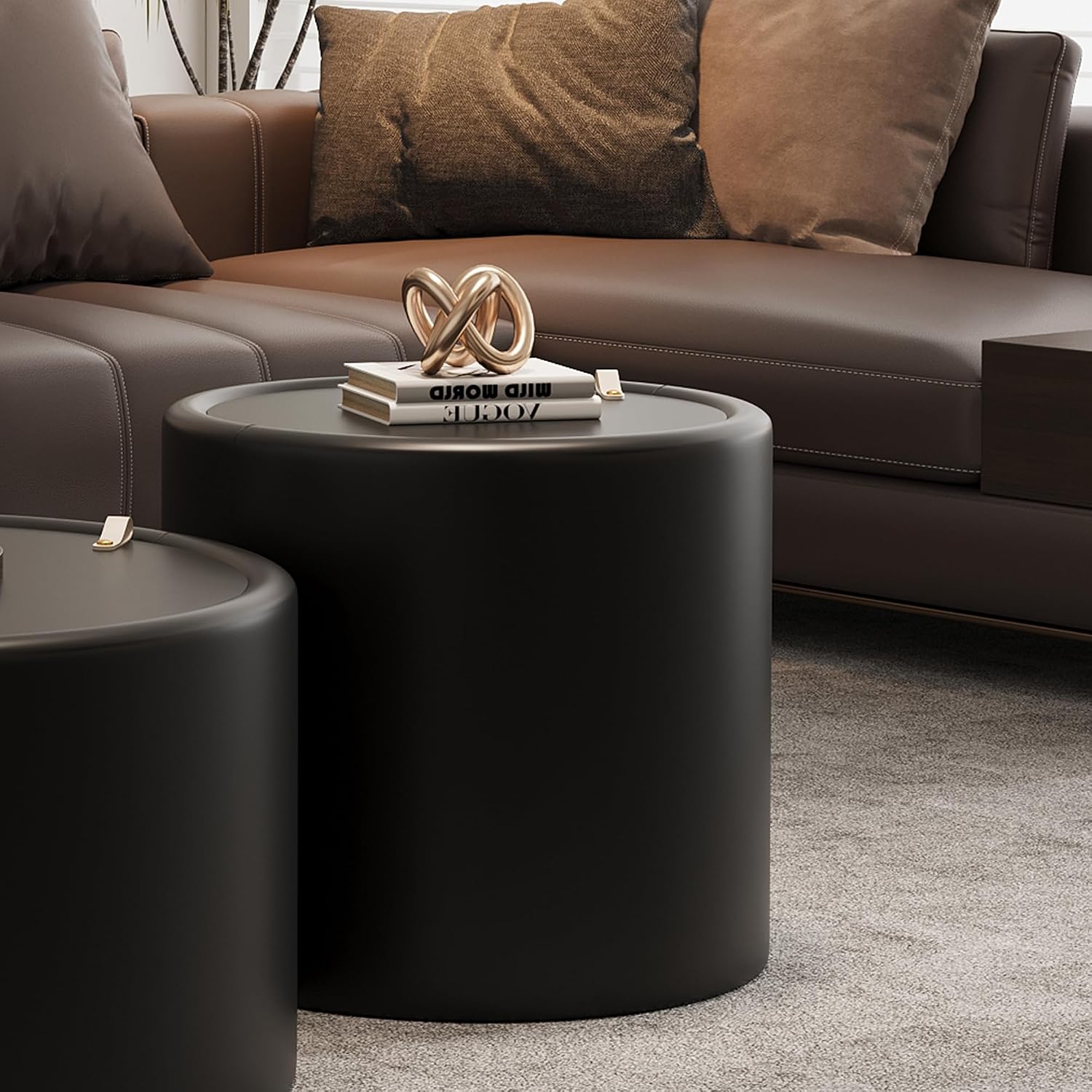 Black Round Coffee Table with Hidden Storage, 19.69' Drum Coffee Table with Tempered Glass Top and PU Leather Body, Circle Cocktail Tea Table for Living Room, No Assemble