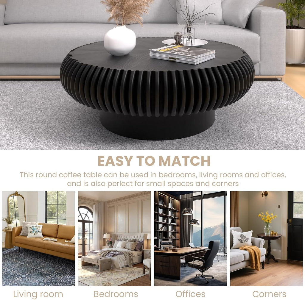 Fluted Drum Coffee Table Round Coffee Table for Living Room Mid Century Modern Coffee Tables with Sturdy Pedestal Circle Center Tea Table Accent Tea Table for Small Space Apartment (31.5' Black)