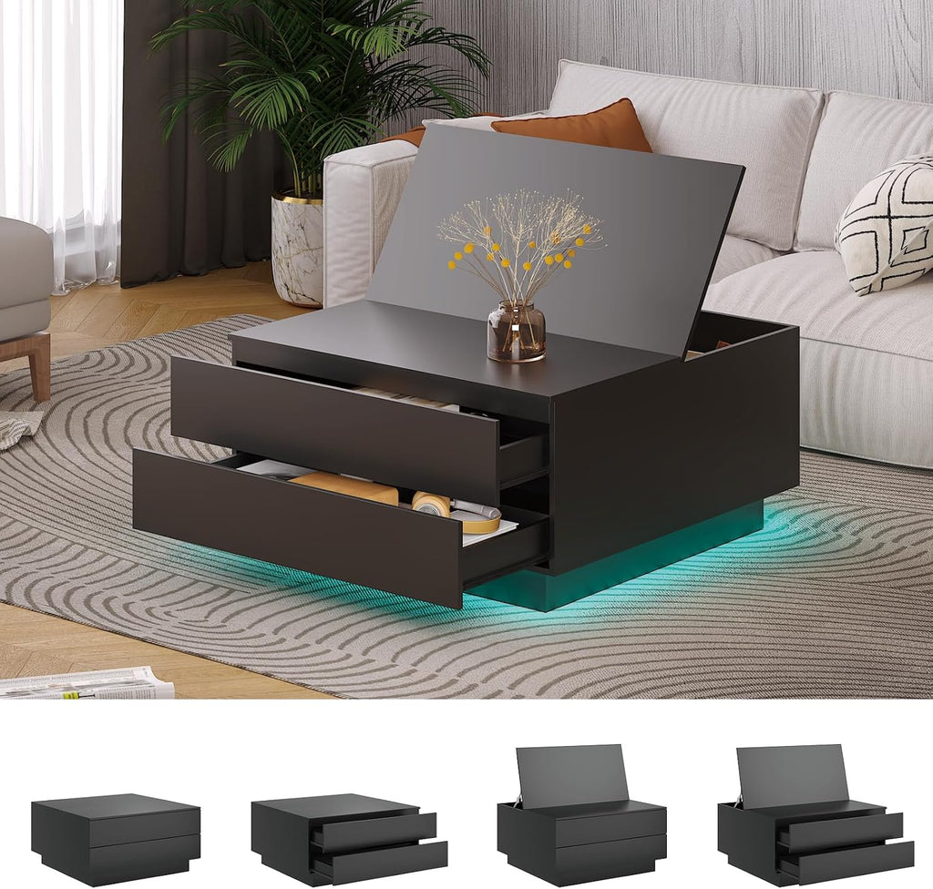 HedoAjim Square Coffee Tables with Storages, Modern Black Coffee Table for Living Room, Flip Cover Coffee Tables and 2 Spacious Drawers, Coffee Table with LED Light