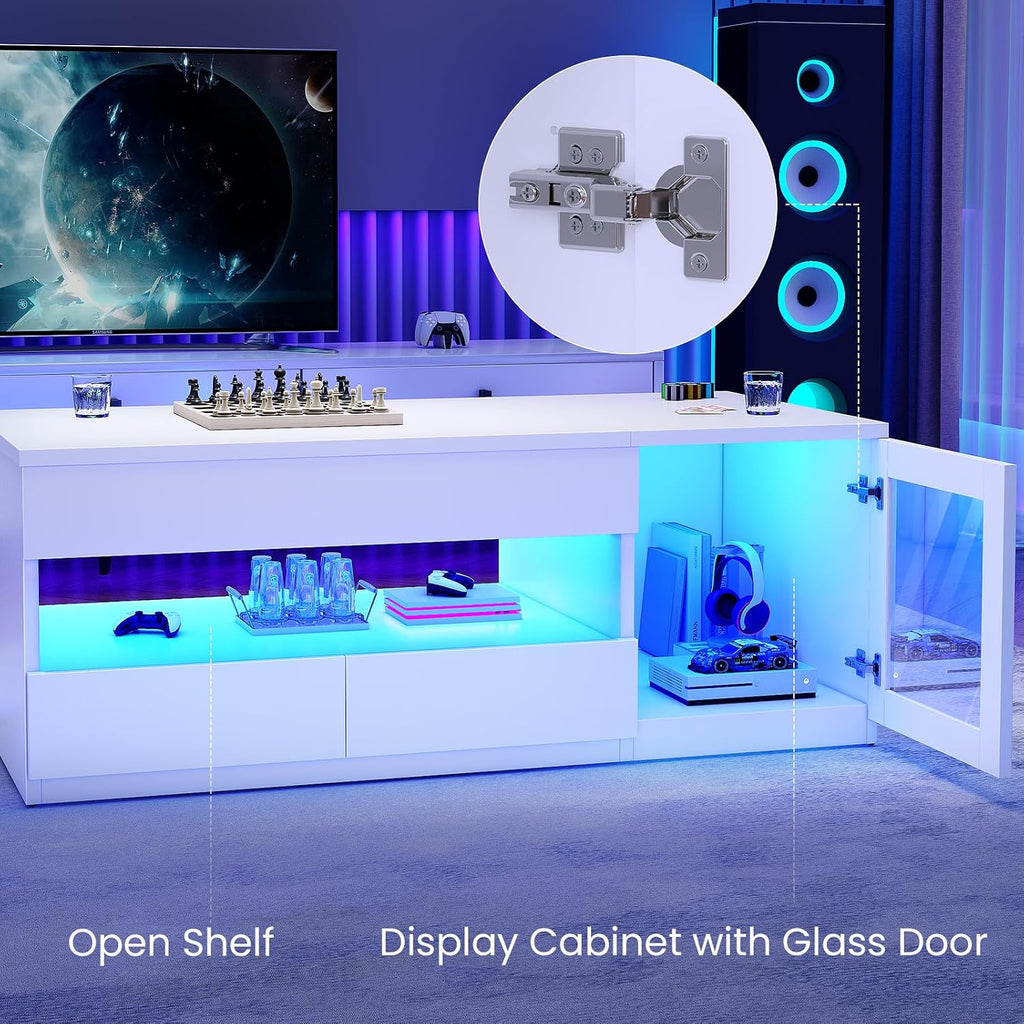 Itaar 39.4' Lift Top Coffee Table with 2 Drawers, Modern LED Coffee Tables for Living Room, Coffee Table with Glass Storage Cabinet, White