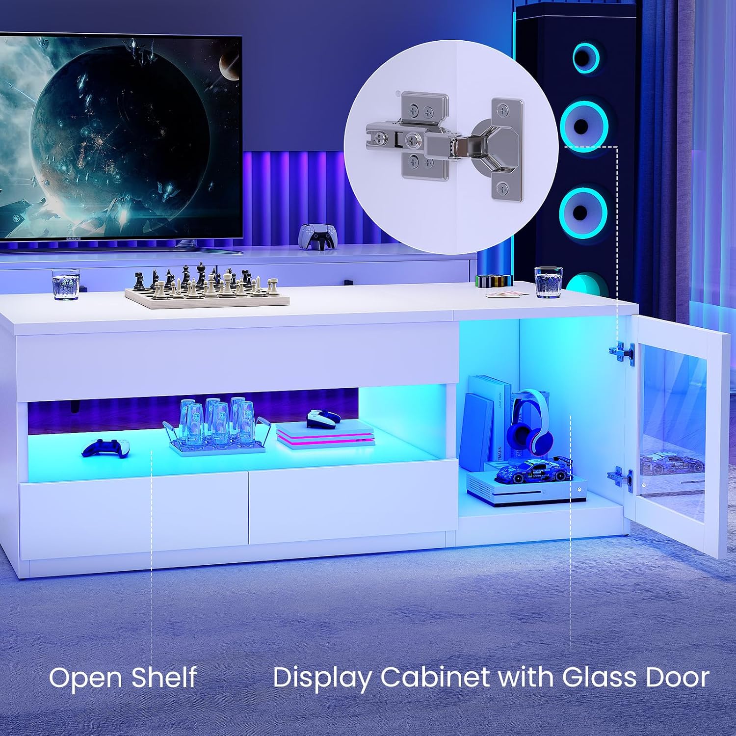 Itaar 39.4' Lift Top Coffee Table with 2 Drawers, Modern LED Coffee Tables for Living Room, Coffee Table with Glass Storage Cabinet, White