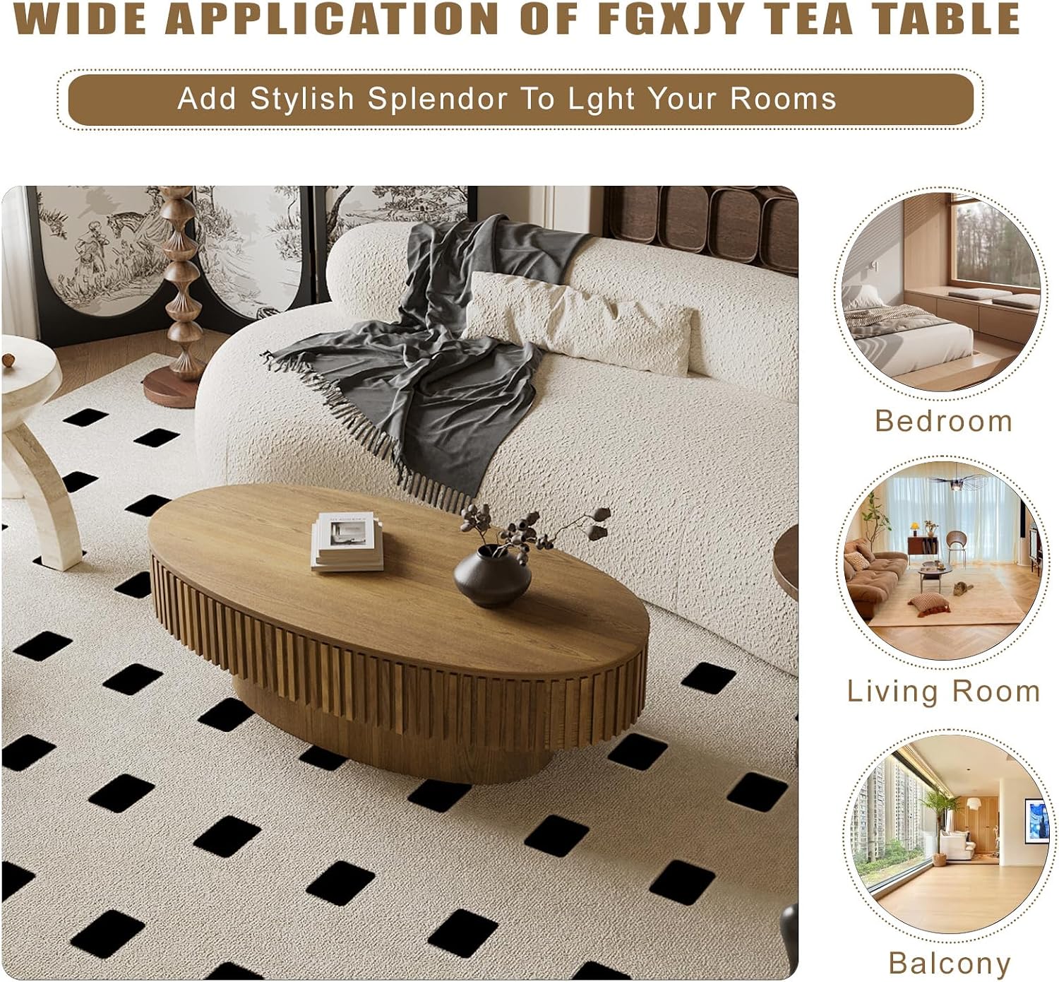 Oval Coffee Table with Storage, Modern Walnut Coffee Table with Solid Wood Veneered, Fluted Center Table Wood Drum Tea Table for for Living Room Apartment, 47.2''L×23.6''W×14.2''H