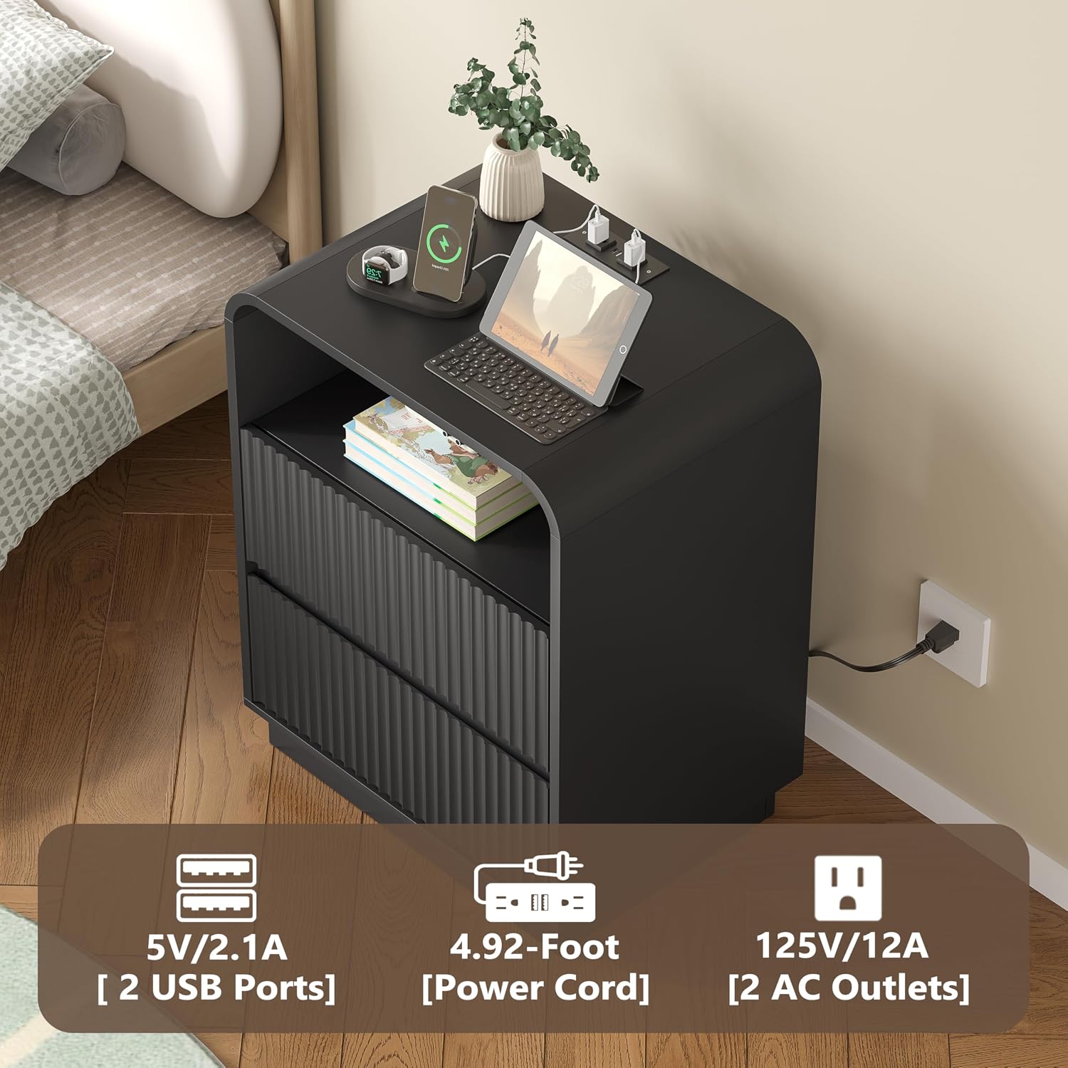 BORNOON Dresser with 2 Drawers and Charging Station, Fluted Bedside Table with Round Curved Corner, Hidden Handles, 2 AC Outlets and 2 USB Ports, Modern Wood End Table with Open Shelf for Bedroom