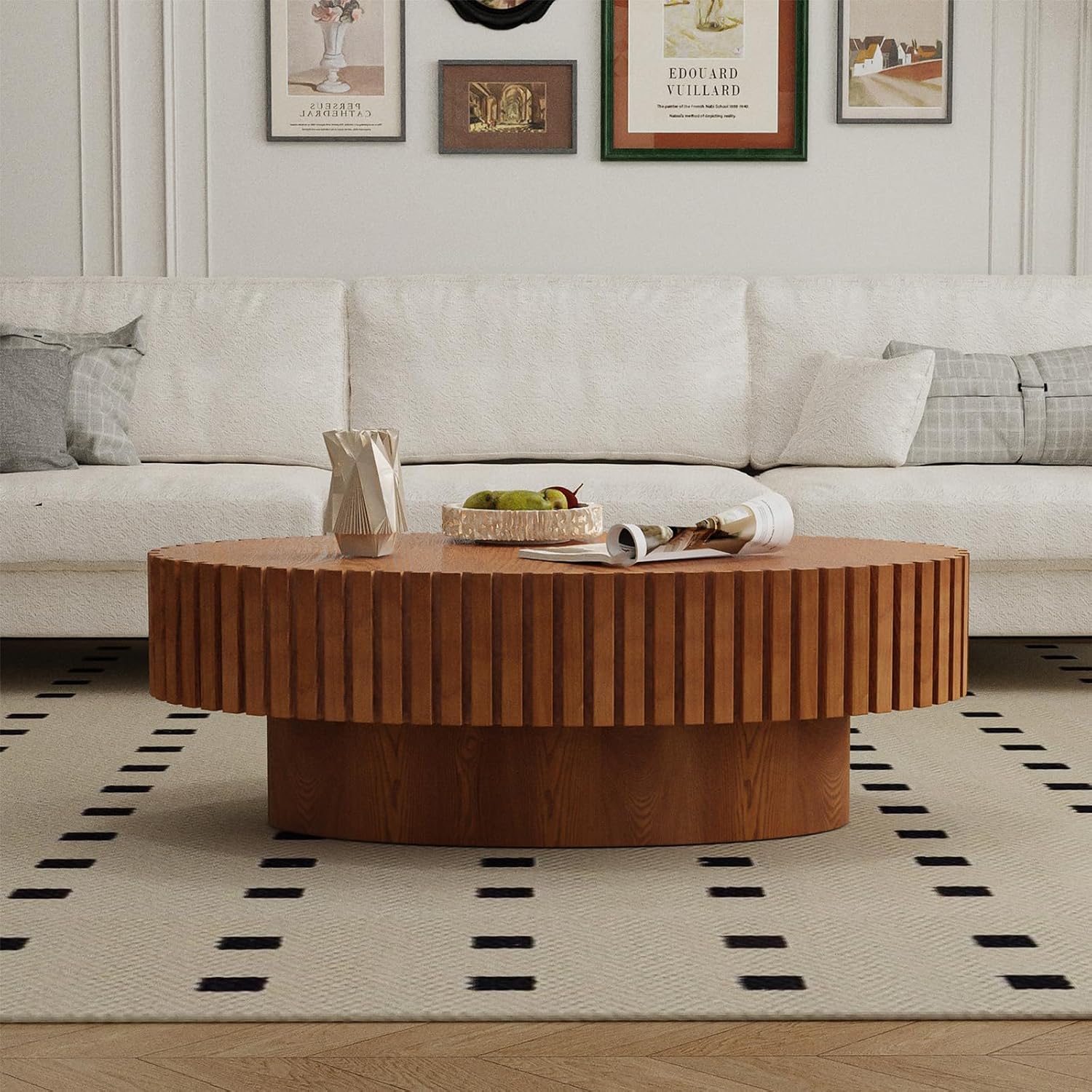 Oval Fluted Coffee Table Mid Century Modern Coffee Tables with Handcrafted Relief Ellipse Drum End Table Rustic Industrial Center Tables for Apartment Living Room (Wood Oval)