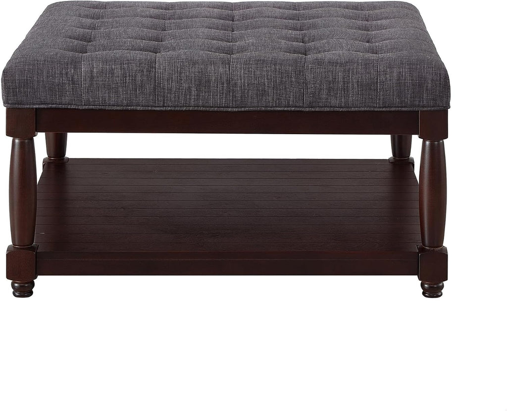 GDFStudio Large Square Upholstered Tufted Linen Ottoman Coffee Table with Solid Wood Frame and Open Storage Shelf, Nailhead Trim Accent Footrest for Living Room, Dark Gray