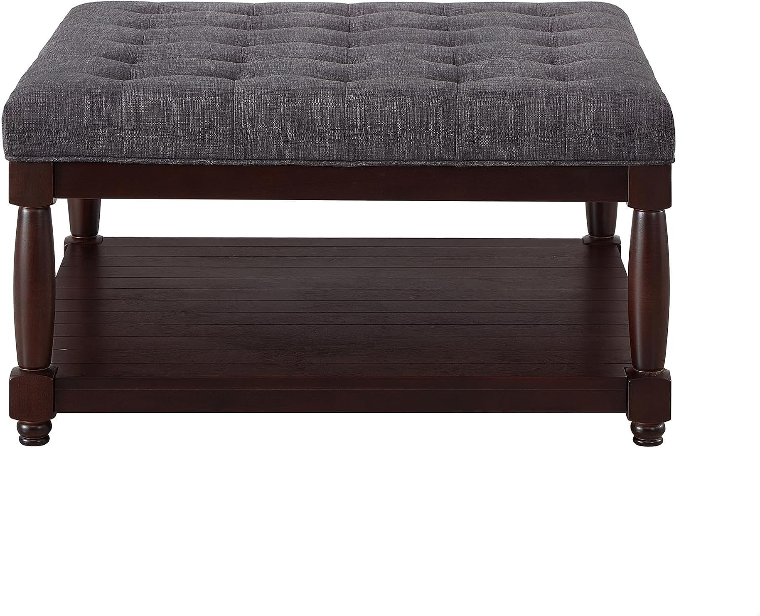 GDFStudio Large Square Upholstered Tufted Linen Ottoman Coffee Table with Solid Wood Frame and Open Storage Shelf, Nailhead Trim Accent Footrest for Living Room, Dark Gray