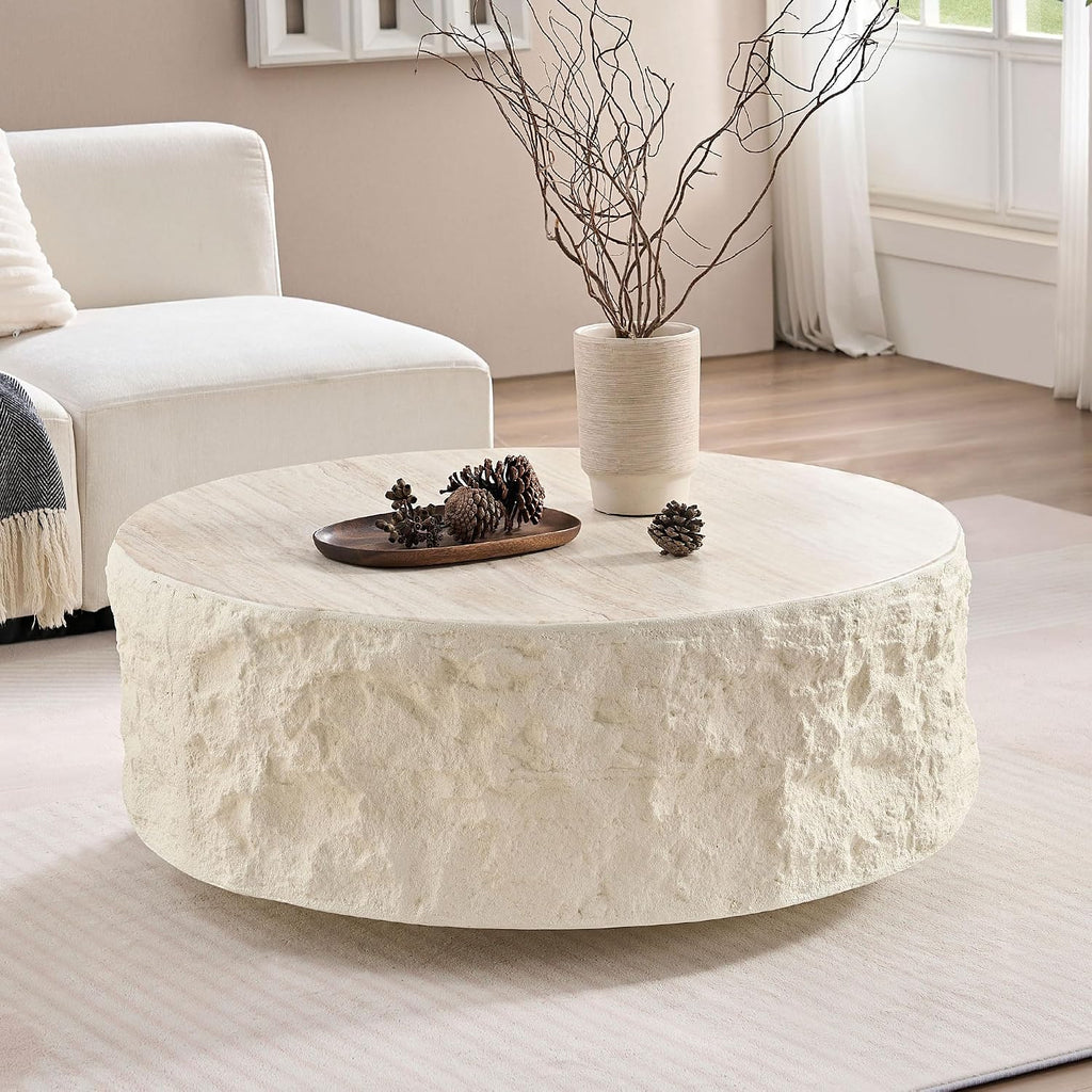 35.43' Modern Round Drum Coffee Table for Living Room, Circle Center Side End Table for Living Room, Office, Apartment, No Assembly Falux Marble Mars Stone, Beige