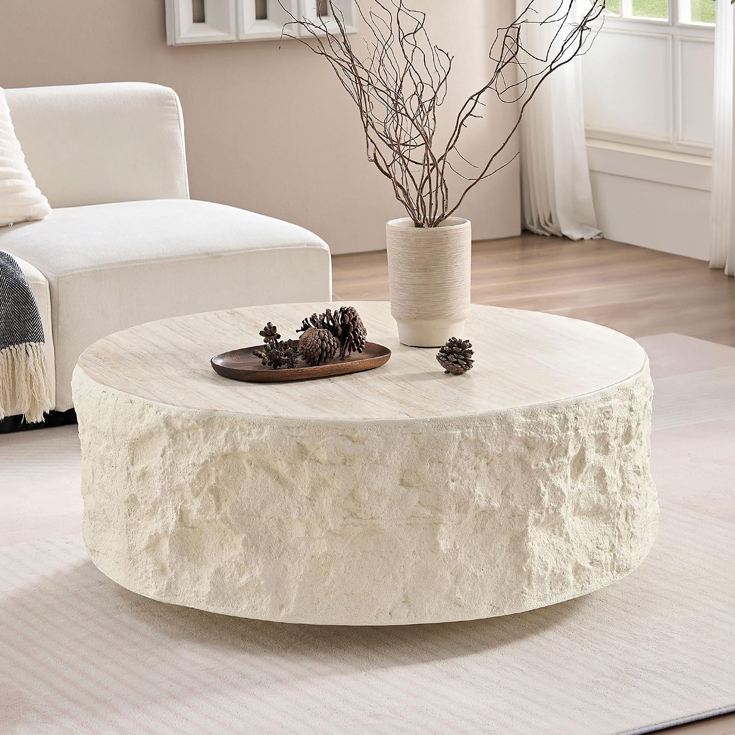 35.43' Modern Round Drum Coffee Table for Living Room, Circle Center Side End Table for Living Room, Office, Apartment, No Assembly Falux Marble Mars Stone, Beige