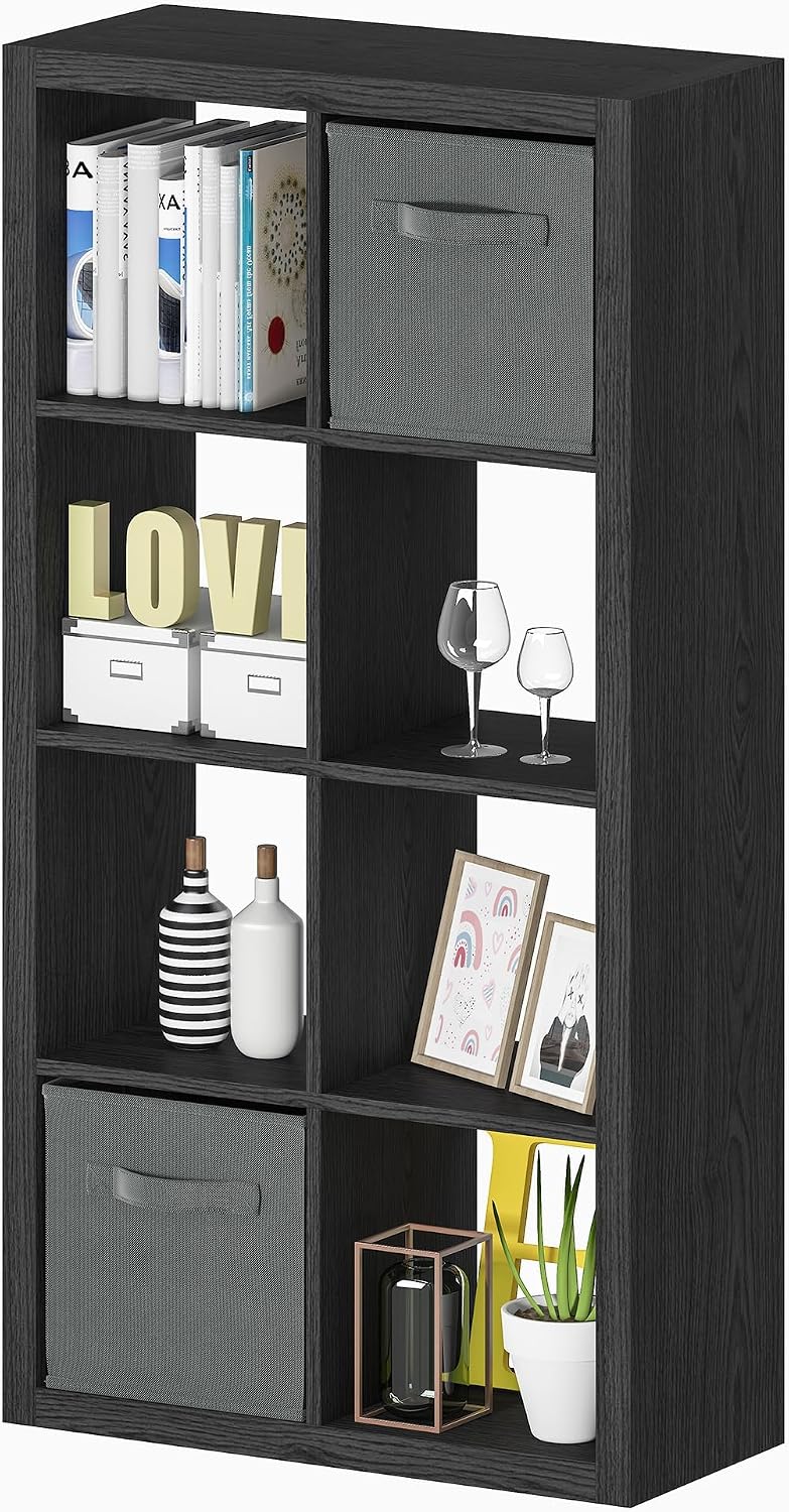 furtble Bookshelf with Storage Bins, 8-Cube Storage Organizer, Modern Black Bookshelf for Bedroom, Multifunctional Display Cube Bookshelves for Living Room, Bedroom, Home Office