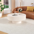 Round Drum Coffee Table Modern Unique Round Fluted Coffee Tables Farmhouse Fluted Circle Center Table Accent Tea Table with Sturdy Pedestal for Living Room Reception Room (White 31 inch)