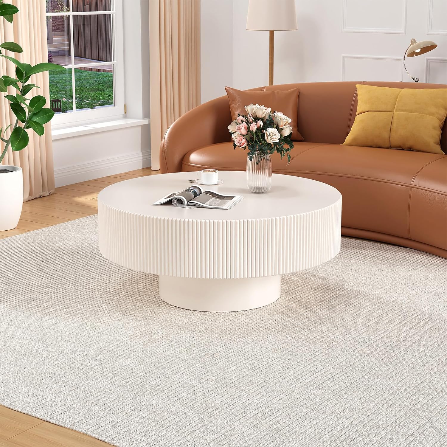 Round Drum Coffee Table Modern Unique Round Fluted Coffee Tables Farmhouse Fluted Circle Center Table Accent Tea Table with Sturdy Pedestal for Living Room Reception Room (White 31 inch)