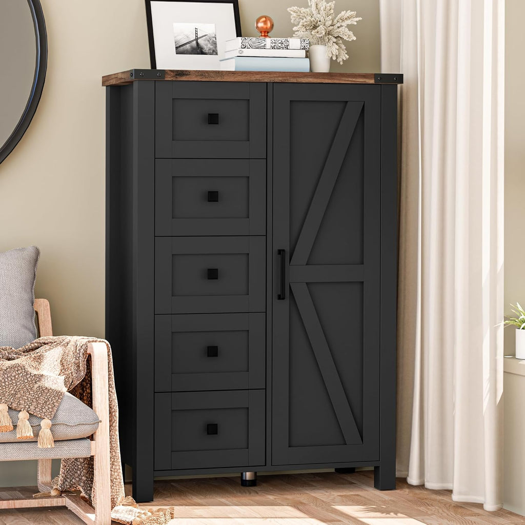VVFLU Farmhouse White Dresser for Bedroom with 4 Drawers and 2 Barn Doors, Black Wood Chest of Drawers 47 Inch Wide, Large, Long, Adjustable Shelves, 5 Legs, Living Dining Room, Entryway, Hallway