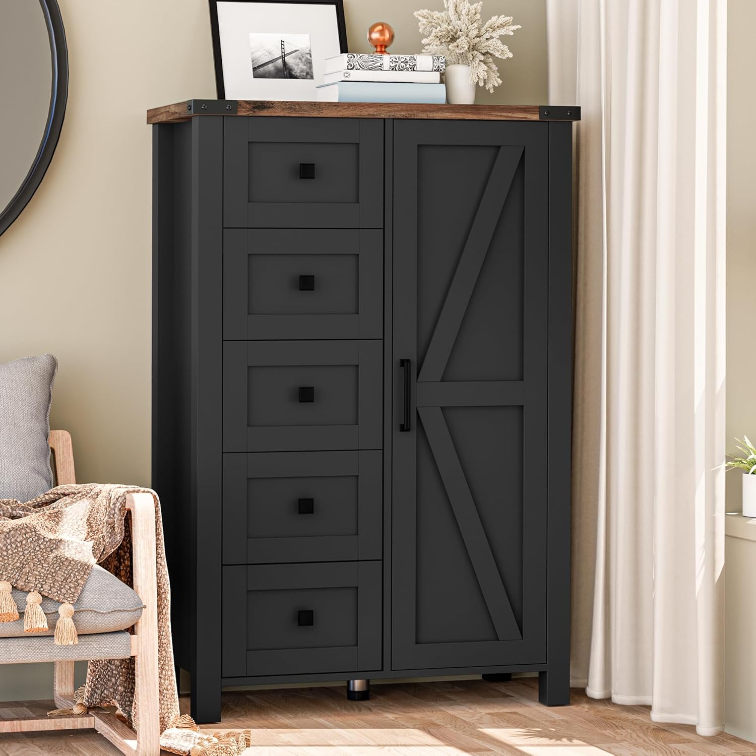 VVFLU Farmhouse White Dresser for Bedroom with 4 Drawers and 2 Barn Doors, Black Wood Chest of Drawers 47 Inch Wide, Large, Long, Adjustable Shelves, 5 Legs, Living Dining Room, Entryway, Hallway