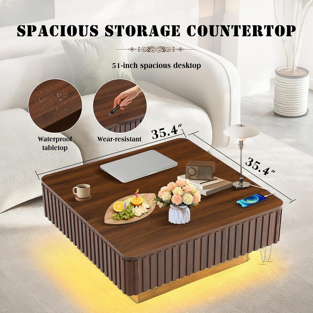 Grepatio Square Lift Top Coffee Table with Storage, 35' Fluted Coffee Table with RGB Led Lights, Wooden Center Tables with USB Power Outlet, Mid Century Table for Living Room (Square)