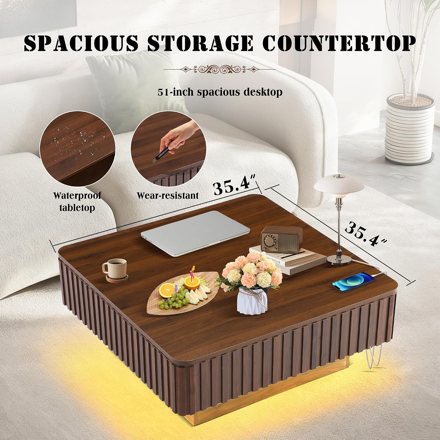 Grepatio Square Lift Top Coffee Table with Storage, 35' Fluted Coffee Table with RGB Led Lights, Wooden Center Tables with USB Power Outlet, Mid Century Table for Living Room (Square)