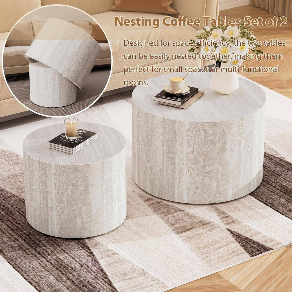 Round Wood Coffee Table Set of 2 Modern Circle Nesting Coffee Table Handcrafted Drum Nesting Table Nesting Coffee Tables for Living Room for Small Space (Travertine B (D18.2+D14.6 inch))