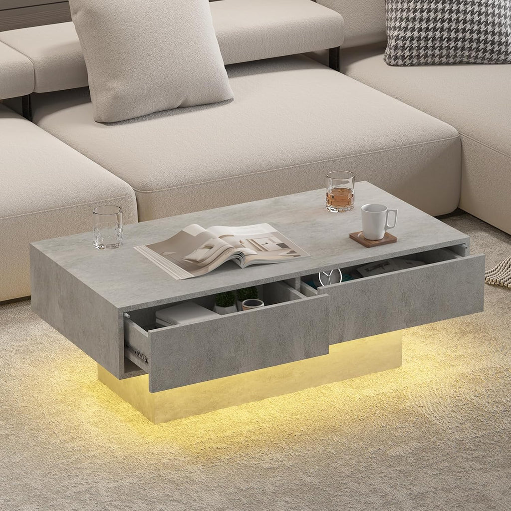 Grey Coffee Table with Storage, Rectangular Center Table for Living Room, Modern High Glossy Farmhouse Grey Coffee Table with 16 Colors LED Lights, Wooden Living Room Table, Pullout Storage