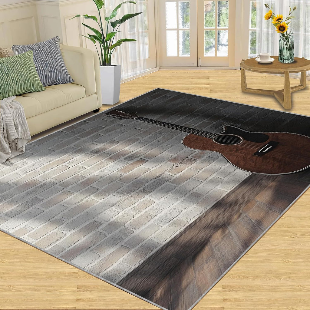 Wooden Guitar Rugs for Bedroom - 5x7 Rug, Brick Wall Area Rugs for Living Room, Vintage Washable Carpet, Music Rug, Boys Room Carpet - Guitar Home Decor & Gift