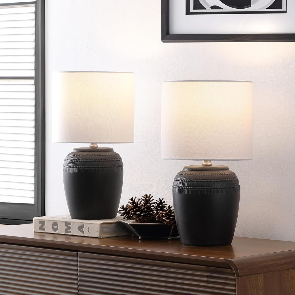 JONATHAN Y 16.75' Black/Nickel Ceramic Table Lamp Set of 2, Rustic Traditional Reeded Vase Lamps with White Linen Shade for Bedroom Living Room Decor JYL5707A-SET2