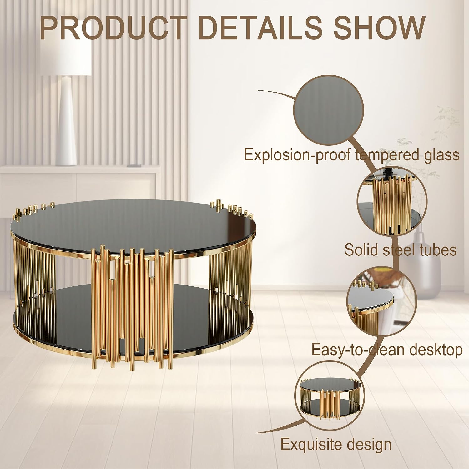 Modern Round Coffee Table, Luxury Black Gold Glass Coffee Table, 36' Center Table Living Room Table, Gold Stainless Steel Irregular Leg, Double-Layer Structure, Black Glass Desktop