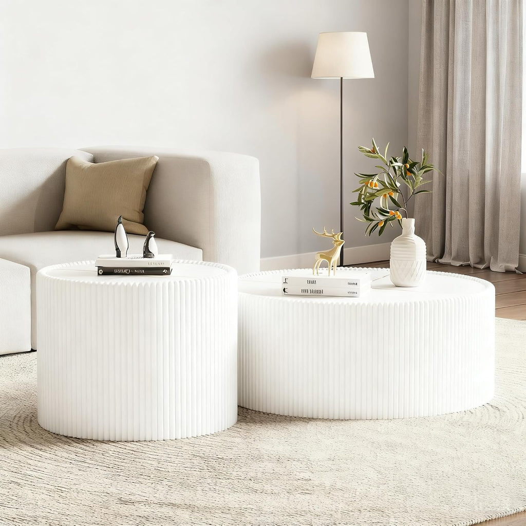 Round Coffee Table Set with Sintered Stone Tabletop, 29.52' White Drum Center Table and 17.71' White Coffee Table Set, 2 Pieces Living Room Table Set with Fluted PU Leather Cover& Stable Base