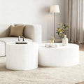 Round Coffee Table Set with Sintered Stone Tabletop, 29.52' White Drum Center Table and 17.71' White Coffee Table Set, 2 Pieces Living Room Table Set with Fluted PU Leather Cover& Stable Base
