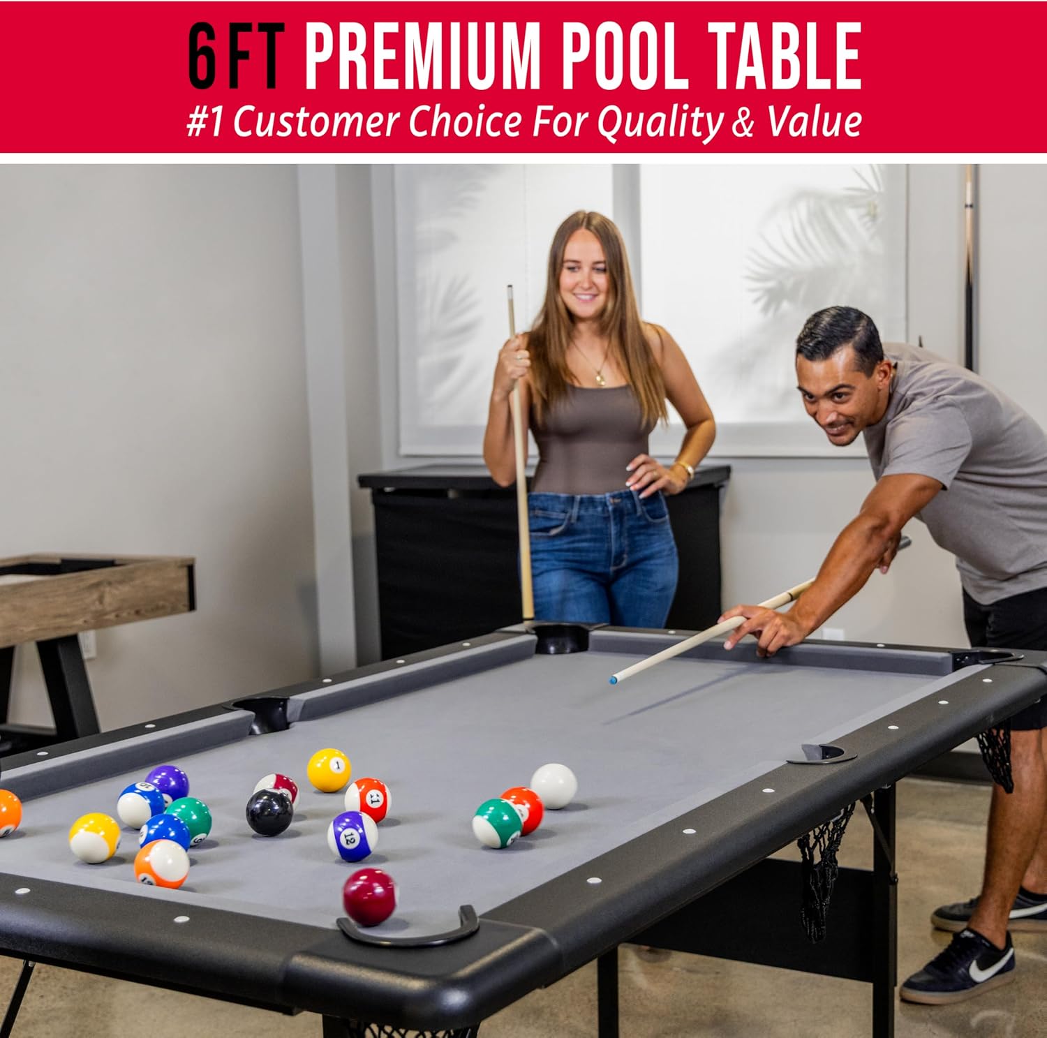 GoSports 6 ft Foldable Pool Tables - Portable Billiards Tables with Accessories - Black with Gray Felt or Oak with Black Felt