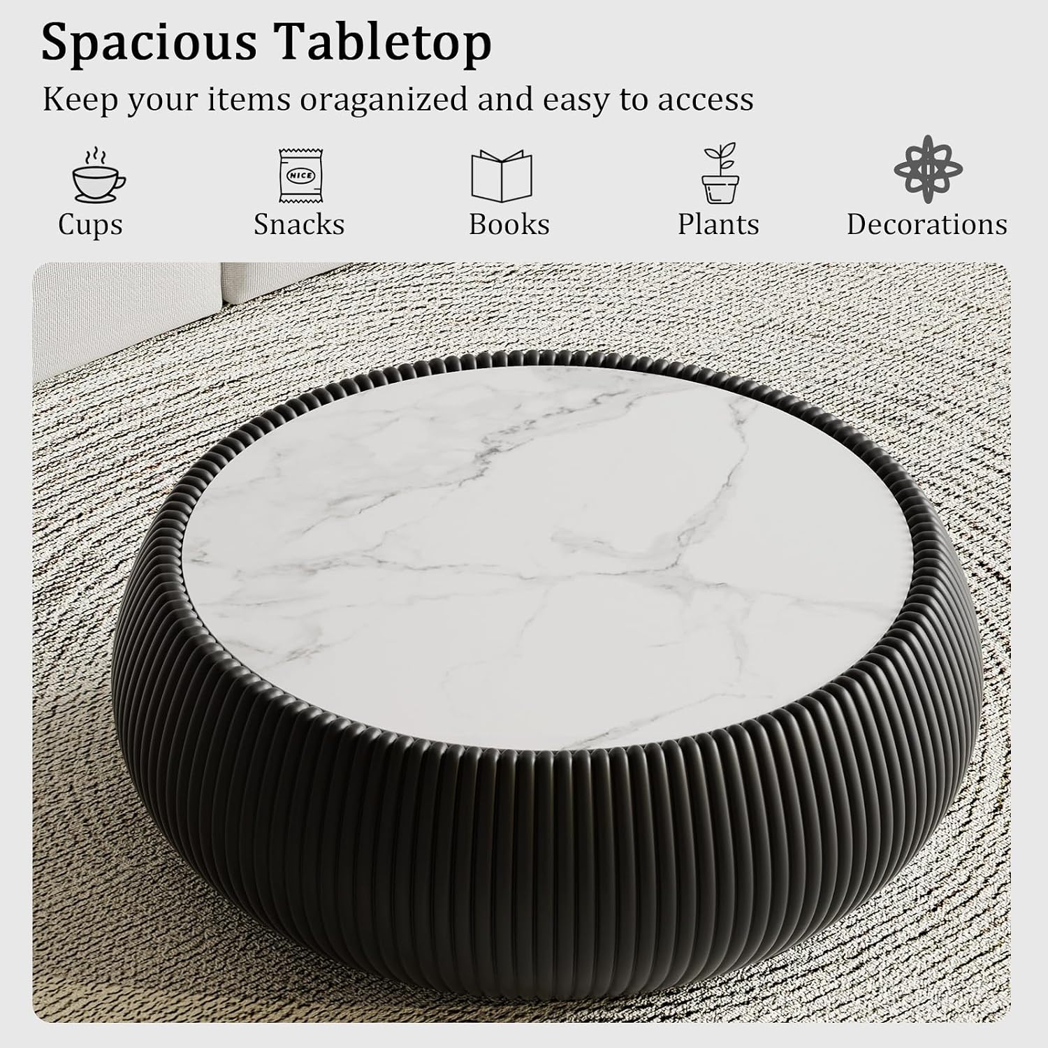 Black Round Coffee Table with Sintered Stone Tabletop, 27.55' Drum Coffee Table with Fluted PU Leather Covered and Stable Base, Circle Cocktail Tea Table for Living Room