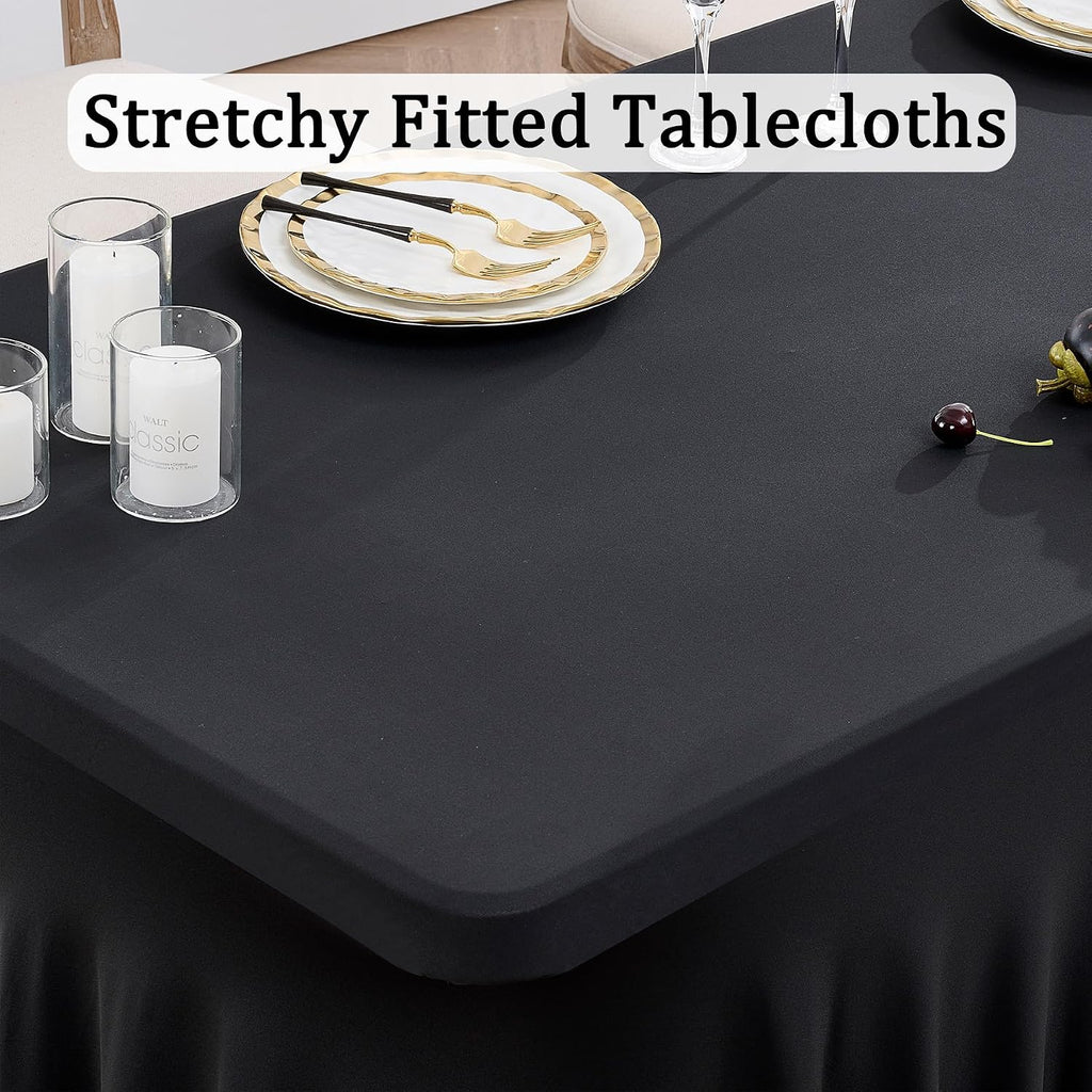 12 Pack Black Spandex Tablecloth for 6 Foot Rectangle Tables, Wrinkle Free Fitted Table Cloth Cover 6ft Black Stretchy Tablecloths with Skirt for Parties Weddings Birthday Banquet Baby Shower